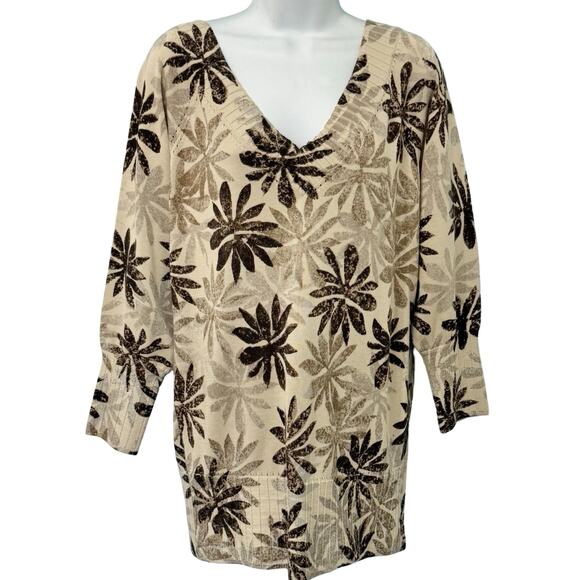Sigrid Olsen Brown Tan Floral Earthy Silk Blend V-Neck Light Sweater Size L - Picture 1 of 10